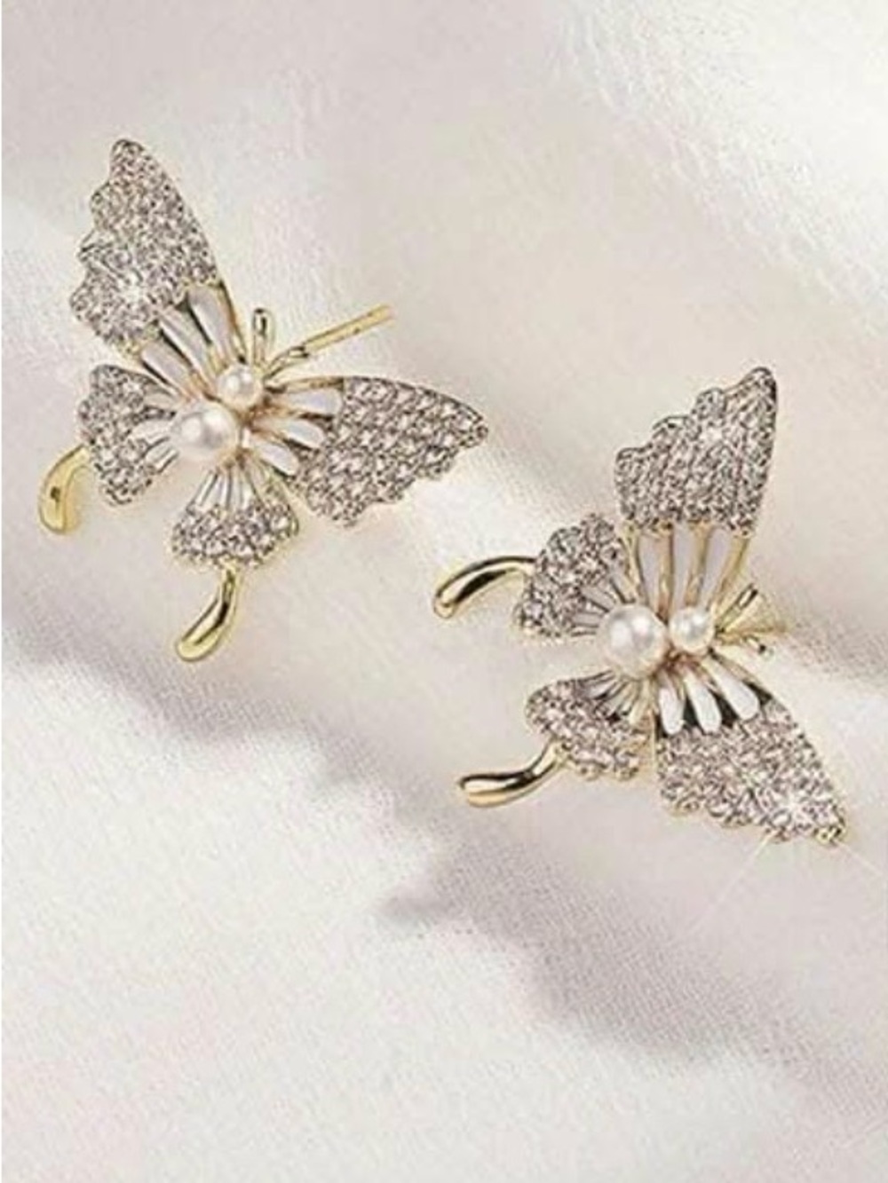 Gold Butterfly Pearl & Crystal Stud Earrings - White